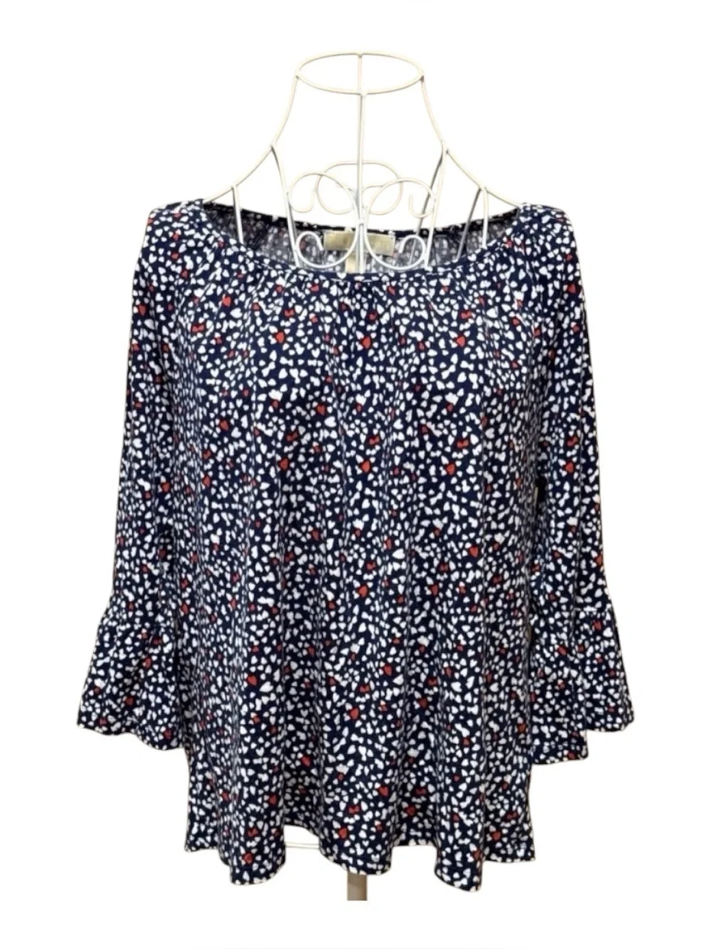 Michael Kors Navy Heart Print Blouse 3/4 Bell Sleeve Scoop Neck L
